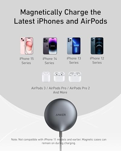 Elevate Your Charging Experience with the Anker Mag Safe Wireless Charger Pad for i Phone 16 Series – Qi2 Certified 15 W Fast Charge, USB-C Adapter Included, Compatible with i Phone 16/16 Plus/16 Pro/16 Pro Max/15/14/13/12 – Sleek, Magnetic Design Ensures Optimal Alignment and Performance