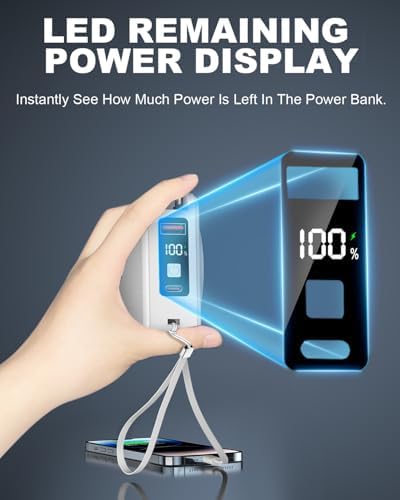 10000 m Ah Mag Safe-Compatible Portable Charger Power Bank – 22.5 W Fast Charging Travel Essential with Built-in USB-C & Lightning Cables – 5-in-1 Wireless Charging Solution for i Phone, Android, and Samsung Devices