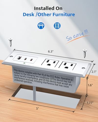 Sleek Recessed Power Strip with 20 W USB-C Fast Charger & USB-A Port – Space-Saving Desk Outlet for Effortless Device Charging, 6 ft Cord & 45° Slim Plug for Easy Access in Furniture – Ideal for Home Office and Conference Rooms