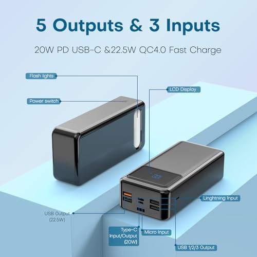 Ultra High-Capacity 50000 m Ah Power Bank with 5 Outputs & 3 Inputs – Fast Charging Portable Charger with 22.5 W USB-C Technology and LED Display for i Phone, Samsung, Android & More – Ultimate Multi-Device Power Solution for On-the-Go Charging