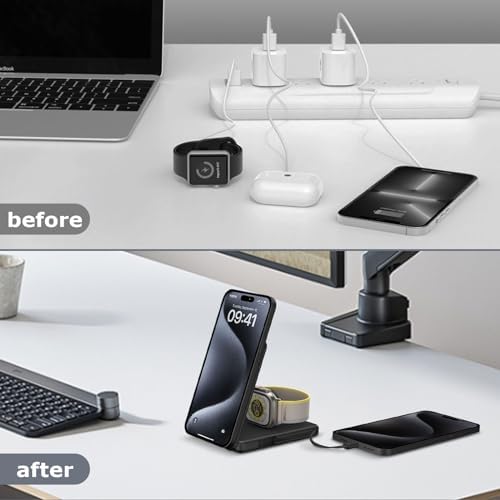 DDUAN 3-in-1 Wireless Charging Station for i Phone and Apple Watch – Foldable 5000 m Ah Magnetic Power Bank with Fast USB-C Charging for i Phone 16/15/14/13/12 Series – Sleek, Portable Design for Home and Travel