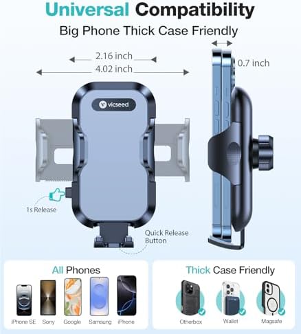 VICSEED Universal Car Phone Holder Mount – Super Stable Air Vent Cradle for Hands-Free Operation – Enhanced Compatibility with i Phone 16, 15 Pro Max & All Smartphones – Silicone Protection for Vent & Device – Optimized for Safety and Convenience