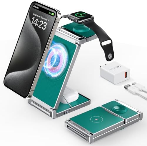 Hohosb Foldable 3-in-1 Magnetic Wireless Charger Station – Premium Zinc Alloy Design for i Phone 15/14/13/12, Air Pods Pro/3/2, and Apple Watch – Mag Safe Compatible, Fast Charging, and Travel-Friendly Solution for All Your Devices (Blue)