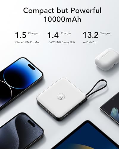VRURC 10,000 m Ah USB C Portable Charger – Fast Charging Power Bank with Built-in Cable for i Phone 16/15/14, Galaxy S23/S22, Google Pixel & More – Lightweight Green Design for Ultimate Mobility and Reliability