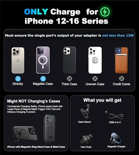 15 W Magnetic Wireless Car Charger & Mount for i Phone 16 – Dual Function Fast Charging with Mag Safe Compatibility – Secure Vent/Dashboard Installation for i Phone 12 to 15 Series – Sleek, Reliable Design for On-the-Go Convenience – Ultimate Hands-Free Navigation Solution