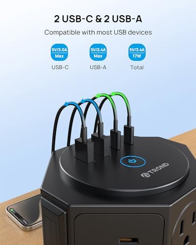 TROND Tower Surge Protector Power Strip – 14 Spacious Outlets & 4 Fast USB Ports (2 USB-C) – 2100 Joules Surge Defense – 6 Feet Versatile Extension Cord for Home Office & Dorm Setup – Streamlined Design for Optimal Charging Efficiency and Device Safety