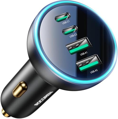 Rocoren 70 W USB C Car Charger – 4-Port PD Fast Charging Adapter for i Phone, Samsung Galaxy, and Google Pixel – Compact Cigarette Lighter Charger for Multi-Device Power on the Go – Advanced Safety Features for Reliable Use