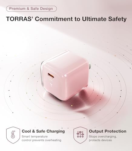 Ultra-Fast TORRAS Icenano 30 W USB-C Charger Block – PD 3.0 Compatible Wall Adapter with 5.5 ft Cable, Stylish Crystal Pink Design, Low-Temperature Operation for Safe Charging of i Phone 16/15 & Mag Safe – Perfect for Travel and Home Use