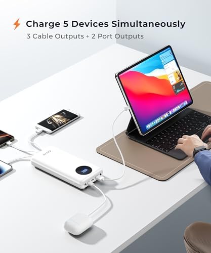 Ultra-Fast Portable Charger with Built-In Cables & LED Display – 10000 m Ah Power Bank for Multiple Devices, 22.5 W Super Speed Charging, Slim Design for Travel & Emergency Use – Compatible with i Phone 16/15/14/13/12, Samsung Galaxy, Google Pixel & More (Purple) – Ultimate Convenience & Safety Features
