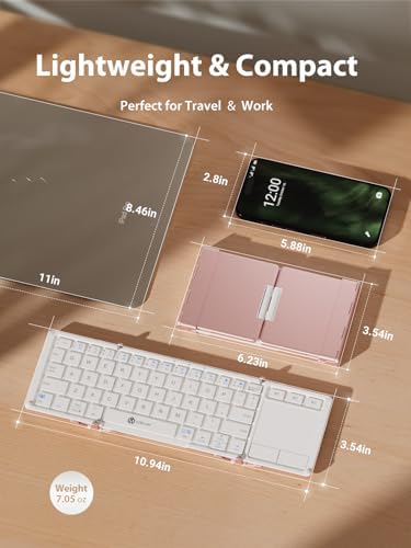 Ultra-Portable i Clever Bluetooth Keyboard with Touchpad – Sleek Foldable Design, Durable Metal Body, USB-C Charging, Multi-Device Compatibility for i Pad, i Phone, Android & Windows – Perfect for Travelers and Professionals in Silver White