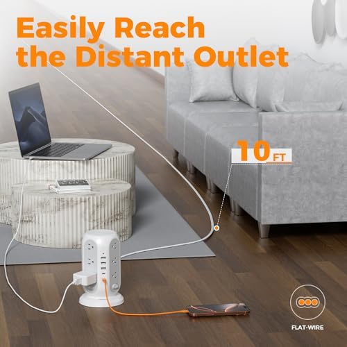 TESSAN Tower Power Strip Surge Protector – 12 Outlets with Individual Switches, 5 Fast-Charging USB Ports (2 USB-C), 10 Ft Flat Extension Cord with Discreet Plug Design – Ideal Multi-Device Charging Station for Office and Dorm Use