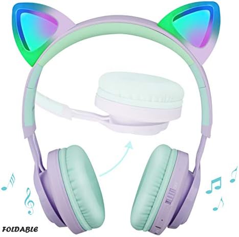 Riwbox CT-7 S Cat Ear Bluetooth Headphones for Kids – Fun LED Light Design with Safe 85 d B Volume Limiting, Comfortable Over-Ear Fit, Built-in Microphone for Seamless Video Calls and Gaming, Perfectly Compatible with Laptops, PCs, and TVs for Young Audiophiles Seeking Engaging Audio Adventures