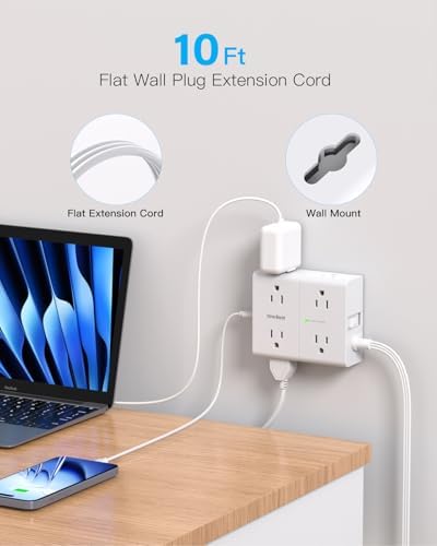 Versatile Surge Protector Power Strip with 8 AC Outlets & 4 USB Ports (2 USB-C), 6 Ft Flat Plug Extension Cord, 1080 Joules Safety Rating, Wall Mountable Charging Station for Home, Office, and Dorm – Streamlined Device Management & Fast Charging Enhanced