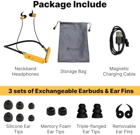 Hmusic H23 Pro Bluetooth Neckband Headphones – Rugged IPX7 Waterproof Design with 30 d B Noise-Isolating Tri-Flange Earplugs for Crystal-Clear Sound – 80-Hour Ultra-Long Battery Life and ENC Microphone – Perfect for Outdoor Activities, Job Sites, and Lawn Care – Ergonomically Crafted for Maximum Comfort and Extended Durability