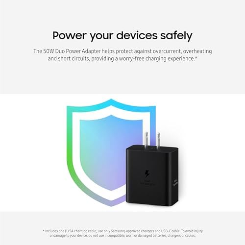 SAMSUNG 50 W Dual Port Wall Charger with USB Type-C Cable – Super Fast Charging 2.0 for Galaxy Devices – Energy Efficient Power Adapter with Low Standby Consumption – Sleek Black Design for Ultimate Versatility and Modern Aesthetics