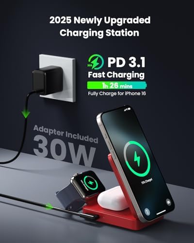 Revolutionary 3-in-1 Wireless Charging Station for Apple Devices – 15 W Fast Mag Safe Charger with Foldable Magnetic Stand, 30 W USB-C Adapter Included, Compatible with i Phone 16/15/14/13/12, Apple Watch, and Air Pods – Enhanced Cooling Technology & Safety Features for Optimal Performance and Convenience