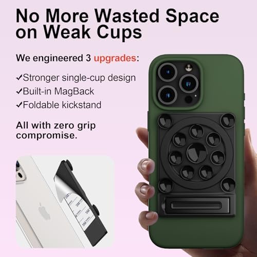 Revolutionary Suction Phone Case Adhesive Mount with Stand – Ultimate Mag Safe Compatible Smartphone Holder for Effortless Selfies & Videos, Strong Sticky Grip for i Phone & Android Users, Compact Hands-Free Accessory for Vlogging & Live Streaming (Black)