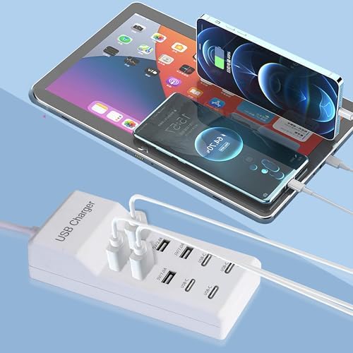 10-Port USB Charging Station – Fast Charging Dock with 6 USB-A & 4 USB-C Ports for Phones, Tablets, and Smartwatches – Sleek White Multi-Device Charger for Home and Office Efficiency