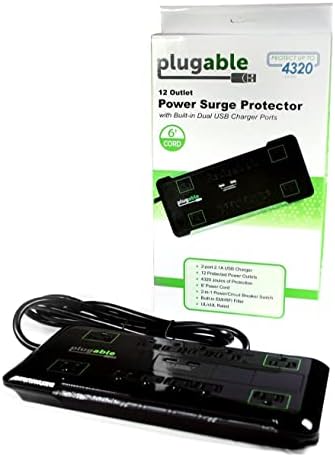 Plugable 12-Outlet Power Strip with 4320 Joules Surge Protection and 10.5 W Dual USB Charger for Fast Charging Mobile Devices – 6-Foot Cord for Flexible Placement and Enhanced Device Safety