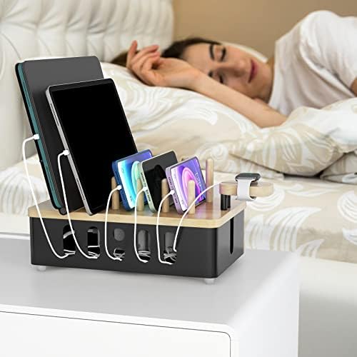 Modern Matte Black Multi-Device Charging Station with Wood Accents – Fast and Efficient Organizer for Phones, Tablets, and Smartwatches – Stylish Desk Accessory for Enhanced Workspace Organization and Productivity