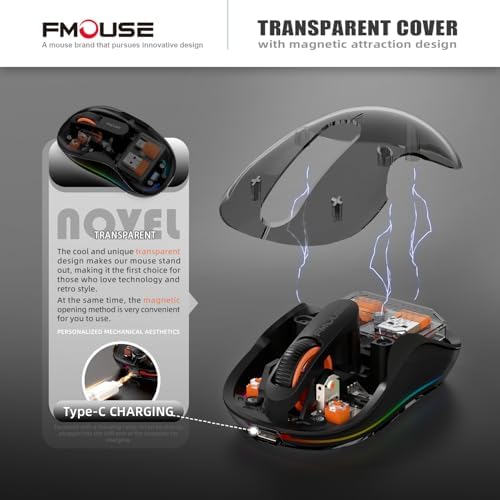 Sleek Dual Connectivity Transparent Wireless Mouse – Rechargeable RGB with USB-C Receiver for Mac Book & Laptops, Compact Design with Cool LED Lights, Silent Operation, and Magnetic Cover for Enhanced Portability – Orange