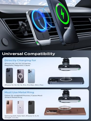Hinyx 15 W Magnetic Wireless Car Charger for Mag Safe – Fast Charging Phone Mount Compatible with i Phone 15/14/13/12/11 Pro Max, Samsung, Google, LG – Secure Vent & Dash Holder for Effortless Navigation and Music Control