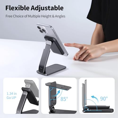 i WALK Adjustable Magnetic Phone Stand for Desk – Versatile Height and Angle Customization, Foldable Design for i Phone 16, 15, 14, 13, 12 Pro Max & Samsung Galaxy – Ergonomic Viewing Comfort, Sleek Black Finish for Modern Workspaces