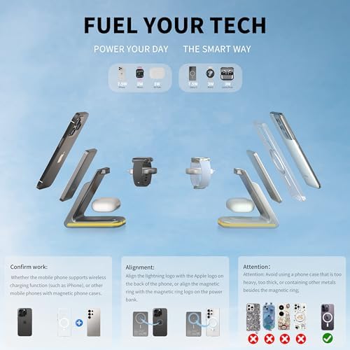 3-in-1 Magnetic Wireless Charging Station for i Phone & Samsung – Portable 5000 m Ah Power Bank, Multi-Device Charger for Apple Watch, Galaxy Watch & Air Pods – Fast Charging with Safety Features – Ideal for Home & Travel