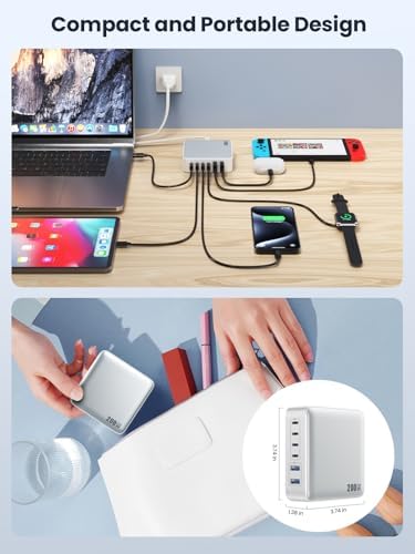 Powerful 200 W Ga N III USB C Multi-Device Charging Hub – 8-Port Rapid Charger for Mac Book Pro/Air, DELL, i Phone 16/15/14, Galaxy S23/22 – PD 65 W Laptop Adapter for Effortless Portability and Enhanced Connectivity Solutions