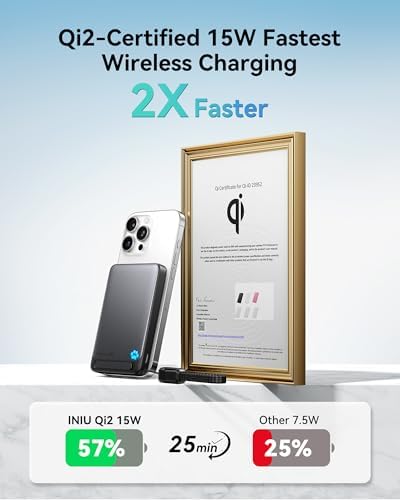 Ultra-Slim 10,000 m Ah Magnetic Power Bank for i Phone 16-12 – INIU Qi2 Certified 45 W Fast Charger with Integrated Kickstand & Lanyard USB-C Cable – Rapid 15 W Wireless & 45 W Wired Charging, Compact Design for Seamless Portability – Industry-Leading 3-Year Care Included