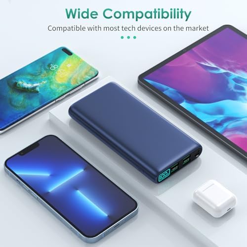 High-Capacity 38800 m Ah Portable Power Bank with LCD Display – Multi-Device Charger Featuring 5 USB Outputs and USB-C Connectivity for Fast Charging – Ideal for i Phone 16/15/14/13 Pro, Samsung Galaxy, Pixel, and Nexus – Ultimate On-the-Go Charging Solution in Blue