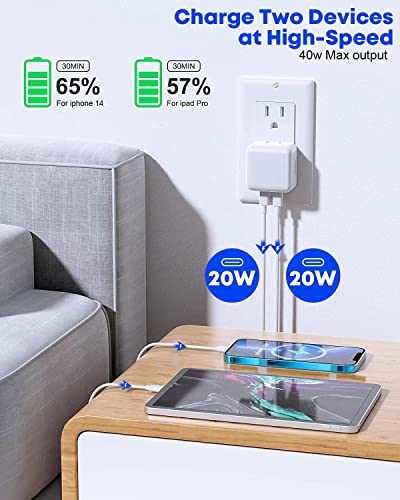 40 W High-Speed Dual USB C Wall Charger for Apple Devices – Fast Charging i Phone & i Pad Adapter with Foldable Plug, Includes Lightning and USB C to C Cables for Enhanced Compatibility and Convenience