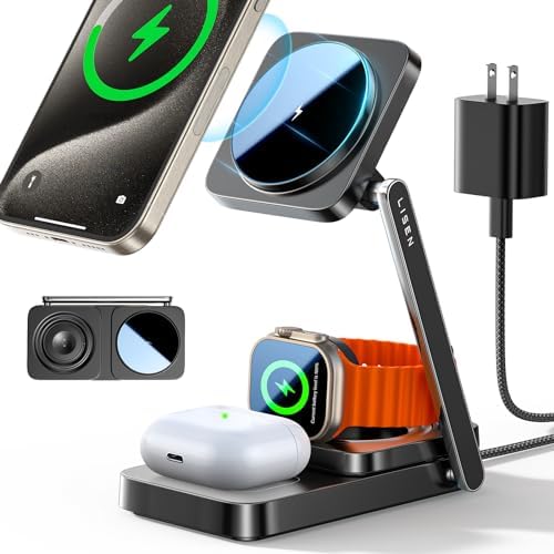 Lisen 3-in-1 Bedside Charging Station: Magnetic Wireless Charger for i Phone 16 & 15 Pro Max, 15 W Travel Adapter for Apple Watch & Air Pods – Sleek, Compact Design for Enhanced Convenience and Compatibility