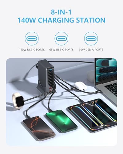 Revolutionize Your Power Needs with the 600 W USB-C Ga N 8-in-1 Charging Station: Dual 140 W PD PPS & Dual 100 W PD Ports for Lightning-Fast Charging of Laptops, i Phones, and i Pads – Ultimate Compatibility and Portability for Home, Office, and Travel