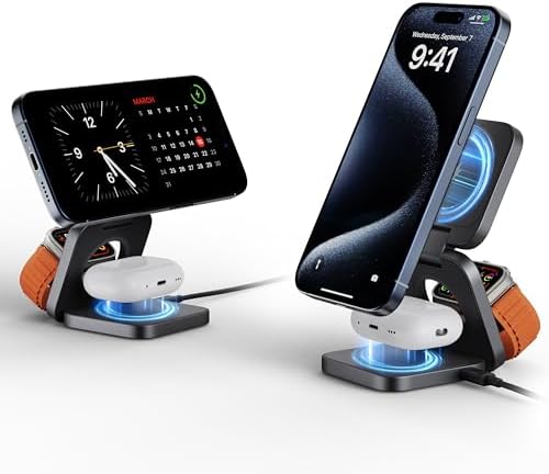 LULULOOK 3-in-1 Magnetic Wireless Charging Station – 15 W Fast Charger for i Phone 16/15/14 Series, 5 W Apple Watch Dock, and Air Pods Compatible with USB-C Cable – Sleek Aluminum Design for Enhanced Efficiency and Universal Device Compatibility