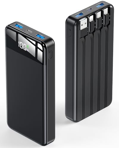 SABANI 35000 m Ah Power Bank – All-in-One Portable Charger with 4 Integrated Cables, 22.5 W Fast Charging for i Phone 16/15/14/13 & Samsung Android Devices – Ultimate On-the-Go Battery Solution in Sleek Black Design for Seamless Connectivity and Reliability