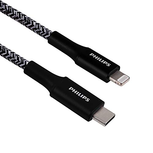 PHILIPS 3 Ft USB C to Lightning Charging Cable – Fast Charging Cord for i Phone 14/13/12 & Air Pods Pro, Durable Braided Design in Sleek Gray – Enhanced Durability and Rapid Power Delivery for Apple Devices