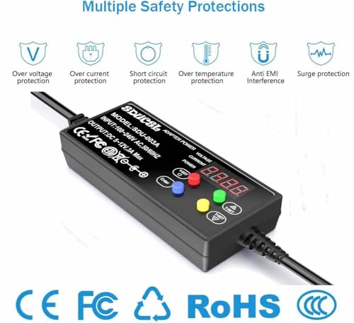 Versatile Compact DC Power Supply with 24-Hour Timer – Adjustable 5-12 V, 0.1 A-3 A Output, UL Listed for Enhanced Safety – 8 Interchangeable Tips for Home & Office Use, Ideal for Electronics & DIY Projects