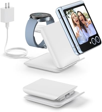 Ultimate Fast Wireless Charging Station for Samsung Galaxy Z Flip Series & Motorola Razr+ – 2-in-1 Foldable Travel Charger with PD 20 W Adapter, Sleek White Design for On-the-Go Convenience – Enhanced Speed & Compatibility for Modern Lifestyles
