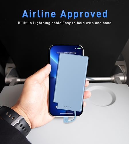 TNTOR Ultra-Thin 5000 m Ah Portable Charger with Built-in Lightning Cable – Lightweight Power Bank for i Phone 14/13/12/11/X/8 – Essential Travel Companion for Fast Charging and Enhanced Device Compatibility