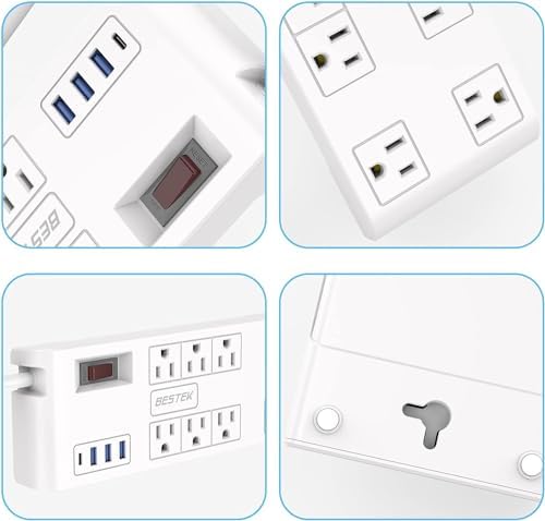 BESTEK 8-Outlet Power Strip with 5-Foot Extension Cord: Multi-Port USB Charging Hub Featuring 3 USB-A (2.4 A) & 1 USB-C (3 A) | 1625 W Max Output with 600 Joule Surge Protection for Enhanced Device Safety | Ultra-Compact Design for Home & Office Efficiency