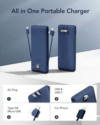 VEGER 10000 m Ah Slim Fast Charging Portable Power Bank with Built-In Cables and Wall Plug – Essential Travel Battery Pack for i Phone, i Pad, Samsung & More in Vibrant Green – Unmatched Convenience and Speed for Mobile Users