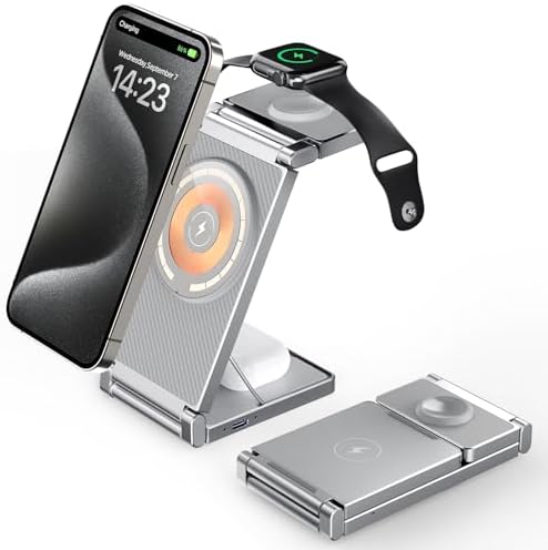 Hohosb Foldable 3-in-1 Magnetic Wireless Charger Station – Premium Zinc Alloy Design for i Phone 15/14/13/12, Air Pods Pro/3/2, and Apple Watch – Mag Safe Compatible, Fast Charging, and Travel-Friendly Solution for All Your Devices (Blue)