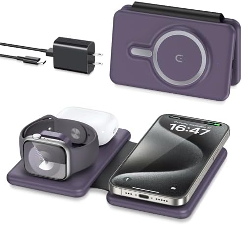 Revolutionize Your Charging Experience with the Ultimate 3-in-1 Wireless Charging Station for i Phone, Apple Watch, and Air Pods – Magnetic Foldable Design for Enhanced Portability and Fast Charging Compatibility with i Phone 16, 15, 14, 13, 12 Pro Max Plus – Effortlessly Streamline Your Tech Setup and Eliminate Cable Clutter – Durable and Stylish Solution for Home and Office Use