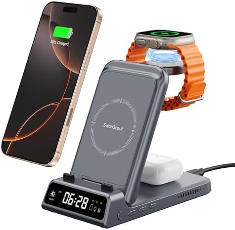 Swan Scout 703 A Premium Multi-Device Wireless Charging Station – Fast, Compact Charger for i Phone 11-16, Apple Watch SE 2-10, and Air Pods Pro 2/4 – Sleek Travel Power Hub for Effortless Device Management and Enhanced Compatibility