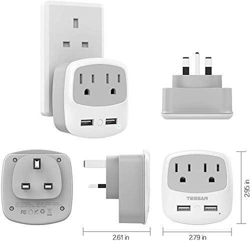 Ultimate TESSAN Type G UK Travel Plug Adapter with Dual USB Fast Charger Ports – Compact US to UK Power Converter for Effortless Global Connectivity in Scotland, London, Ireland, Kenya, Dubai & Qatar