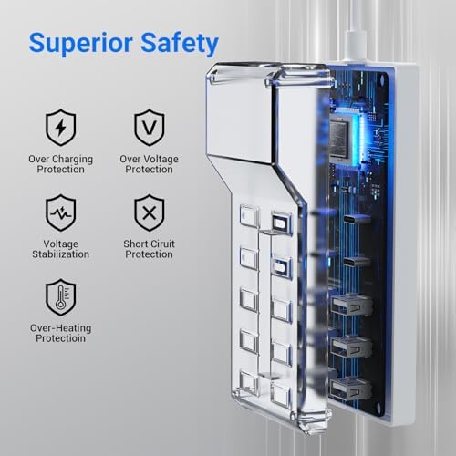 Ultimate 10-Port USB Charging Hub – 50 W Fast Multi-Device Charger Station Compatible with i Phone, Galaxy, i Pad, and More – Smart Power Distribution for Home & Office Use – Sleek, Compact Design for Travel Convenience