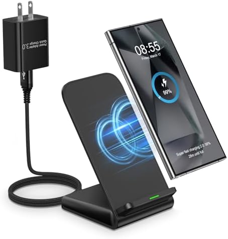 Samsung Galaxy S25 Fast Wireless Charger Stand – 15 W Desk Charging Pad for Galaxy S25 Edge, Ultra, Plus, S24 FE, S23 FE, S22, and i Phone 16 Series – 18 W Adapter Included – Ergonomic Design for Optimal Viewing & Enhanced Compatibility