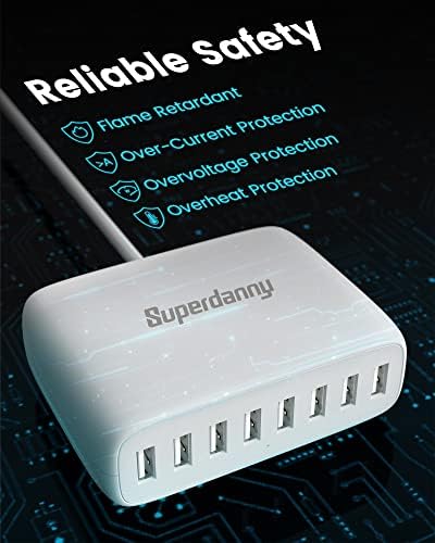 High-Efficiency 8-Port USB Charging Station by SUPERDANNY – Compact Multi-Device Hub for i Phone, i Pad, Galaxy, Air Pods & More – Advanced Safety Features for Fast, Reliable Charging in Home or Office Environments