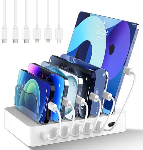 Multi-Device Charging Hub: 68 W 6-Port USB Fast Charger Dock with 20 W Quick Charge and 6 Cables – Universal Compatibility for Apple i Phone, i Pad, Tablets, and More (Sleek Black Design) – Efficient Power Solution for Home and Office